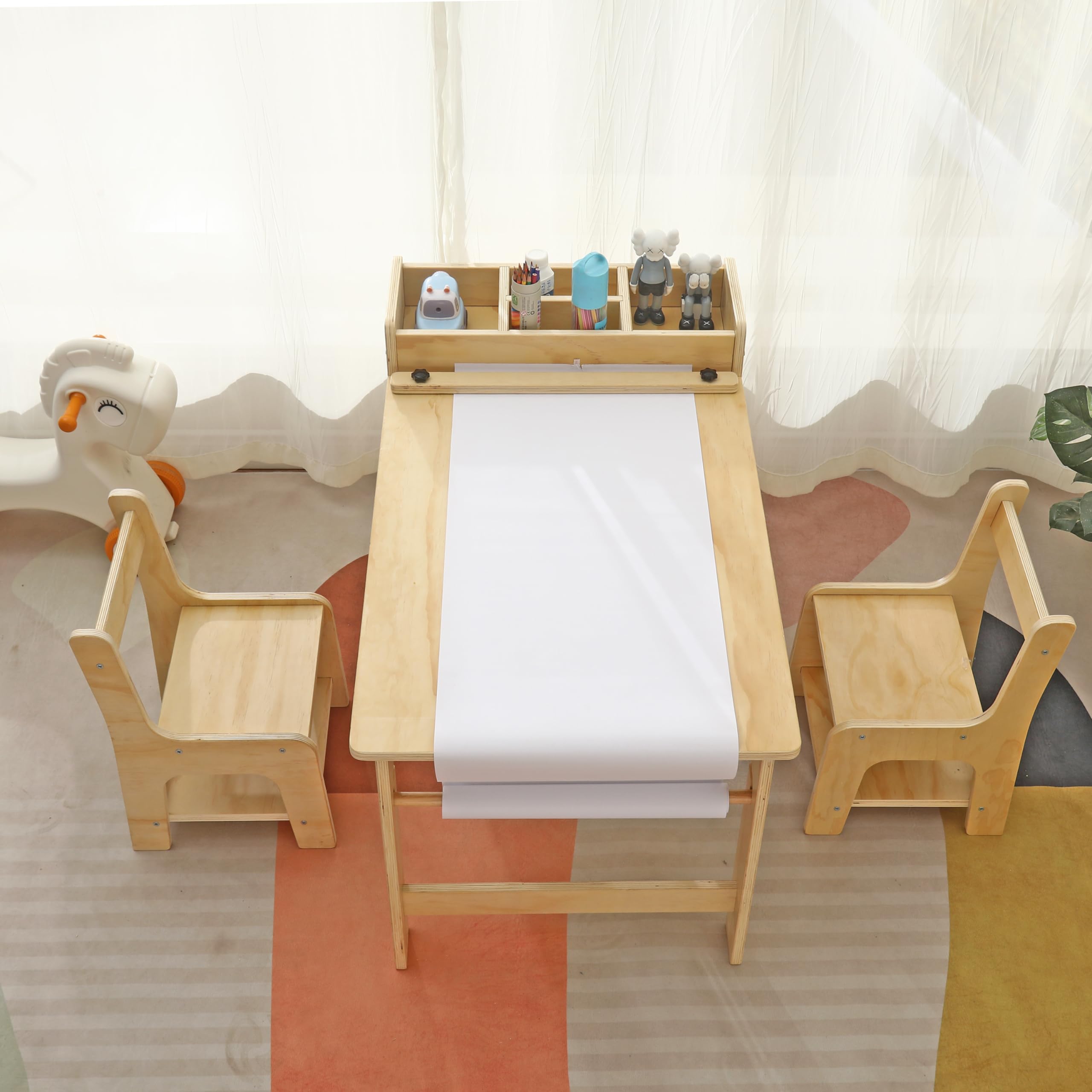 Photo 1 of Saihony Kids Art Table and 2 Chairs Set Wooden Drawing Table with Large Storage Shelf Craft Table Toddler Activity and Study Desk 2 Chairs with Storage Shelves Art Table with a Roll of Paper Holder