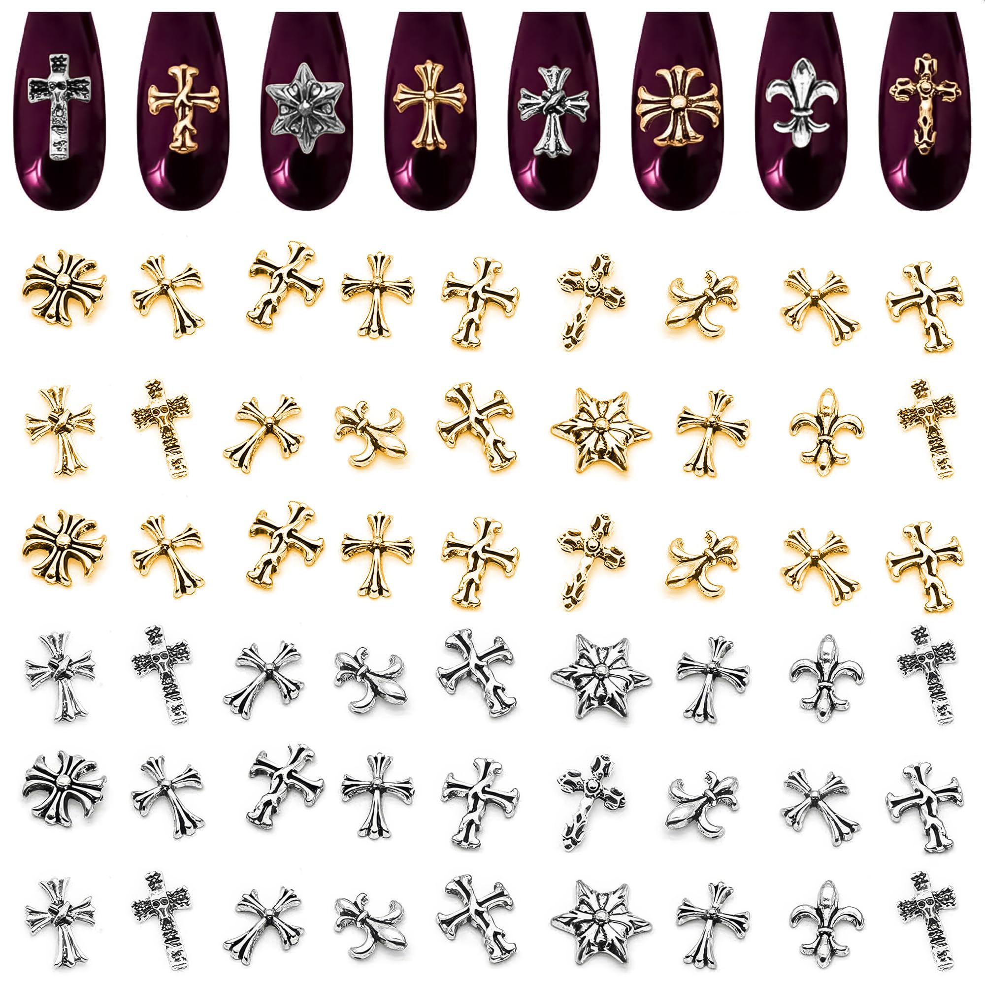 Photo 1 of 240 Pcs Silver and Gold Cross Nail Charms Bulk – 3D Silver and Gold Nail Charms Cross for DIY & Professional Manicures – Large-Pack for Creative Manicures with Shiny Crosses Accents