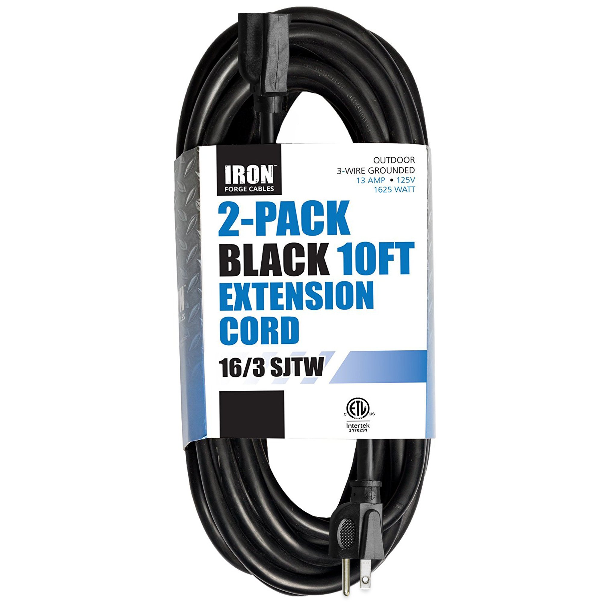 2 Pack of 10 Ft Outdoor Extension Cords 16/3 Durable Black Extension