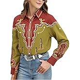 UNIQUEONE Western Shirt Women Cowgirl Tshirt:Boho Cowboy Graphic Shirts Retro Long Sleeve Button Down Casual Blouses