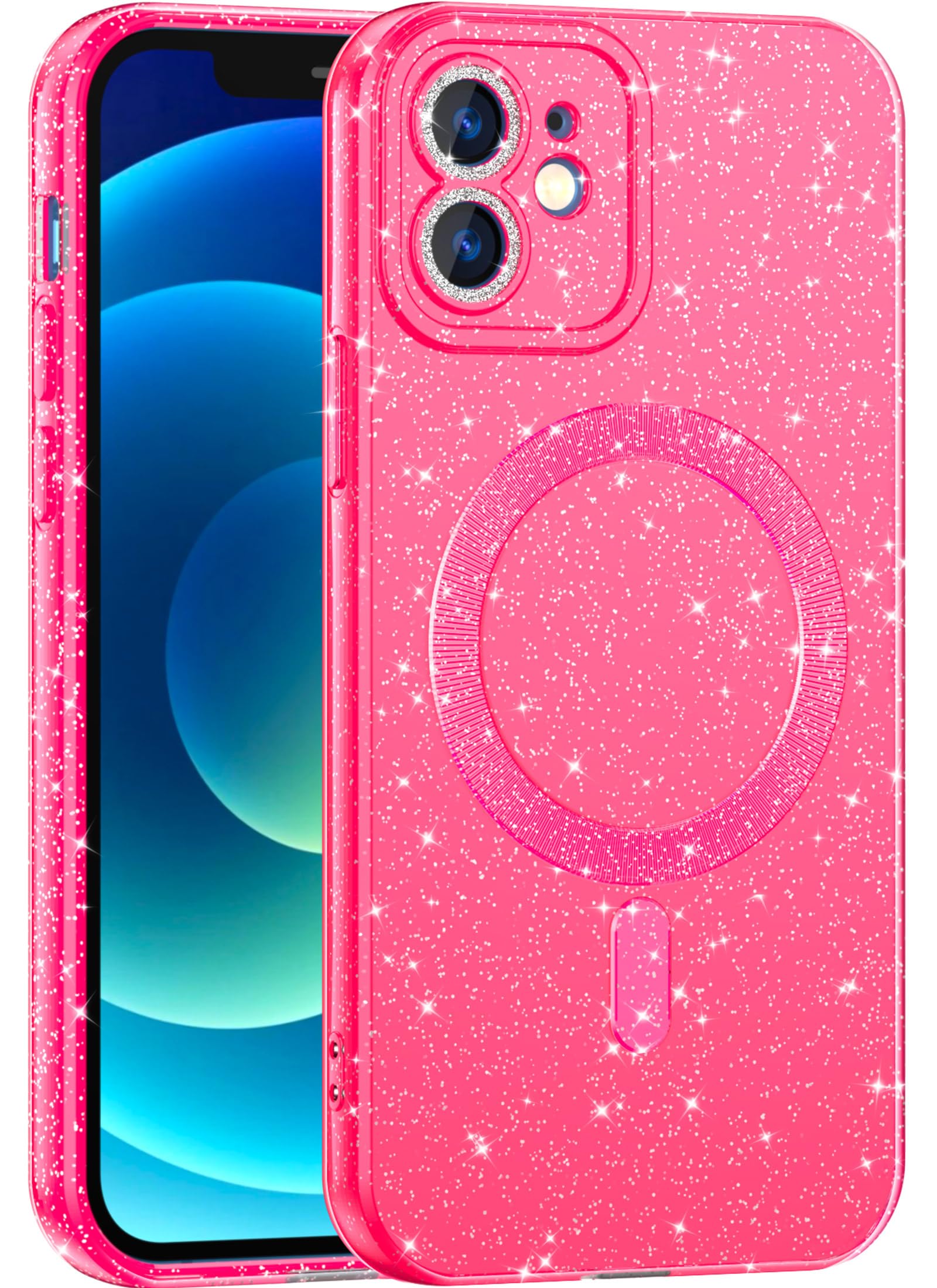 CUZMIGO for iPhone 12 Case Glitter Magnetic Compatible with Magsafe, Sparkly Shiny Bling Sparkle Phone Cases for Women Girls, Slim Fit Soft TPU Shockproof Cover with Camera Protection, Hot Pink