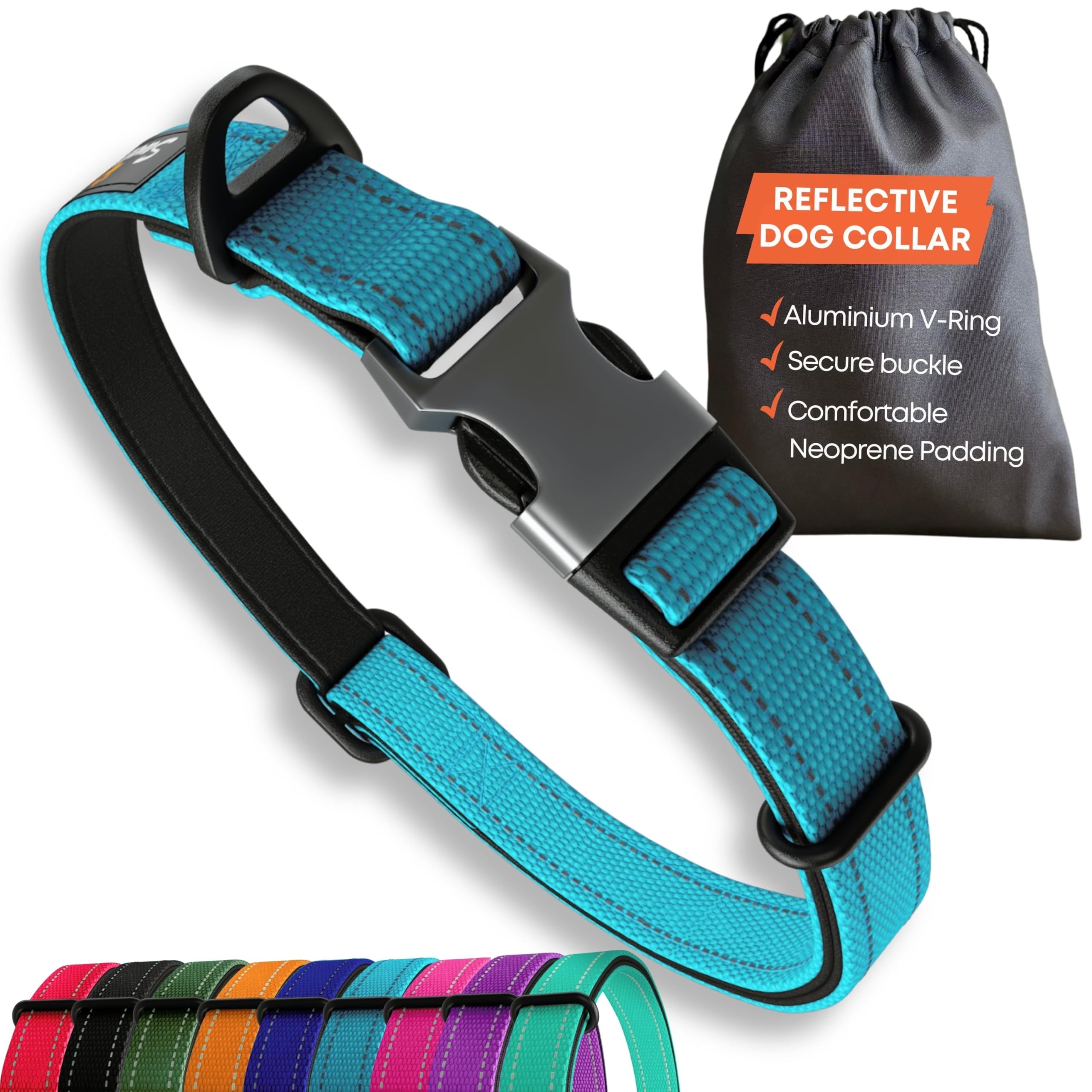 Blue Dog Collar Small Dogs – Strong Reflective Adjustable Padded Dogs Collars - Aluminium V-ring Dog Safety