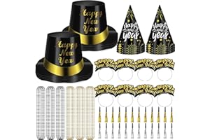 BEAPTCELY New Years Eve Party Supplies for Guests Includes Top Hats headbands Tiaras Conical Hats Bead Necklaces Squawkers