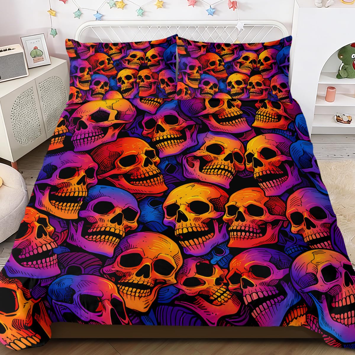 BlessLiving Skull Bedding Set Single Size 3 Piece Duvet Cover Set with Zipper Closure,Ties 3D Vintage Skull Printed Pattern Halloween Bed Set Purple Orange and Blue