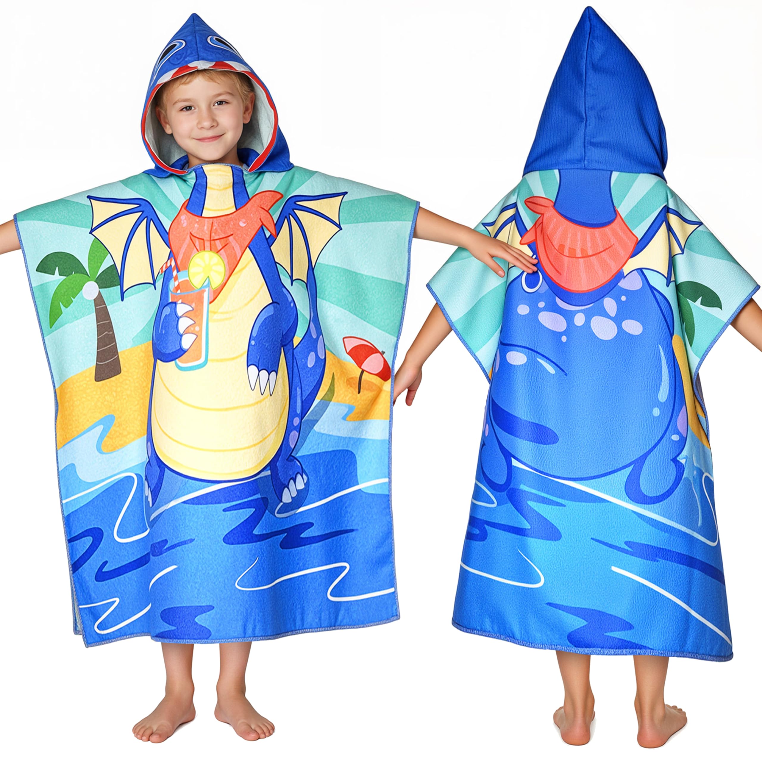 Photo 1 of Dragon Hooded Towels for Kids, with Backpack, Kids Beach Towel 30"x 25" for 3-10 Years, Dragon Gifts for Boys Girls, Toddler Swim Cover Up & Bath Robe for Beach Pool, Soft Microfiber