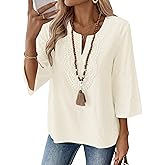 LOMON Womens 3/4 Sleeve Tops Cotton Linen Shirts V Neck Lace Casual Loose Fit Blouses Boho Fashion