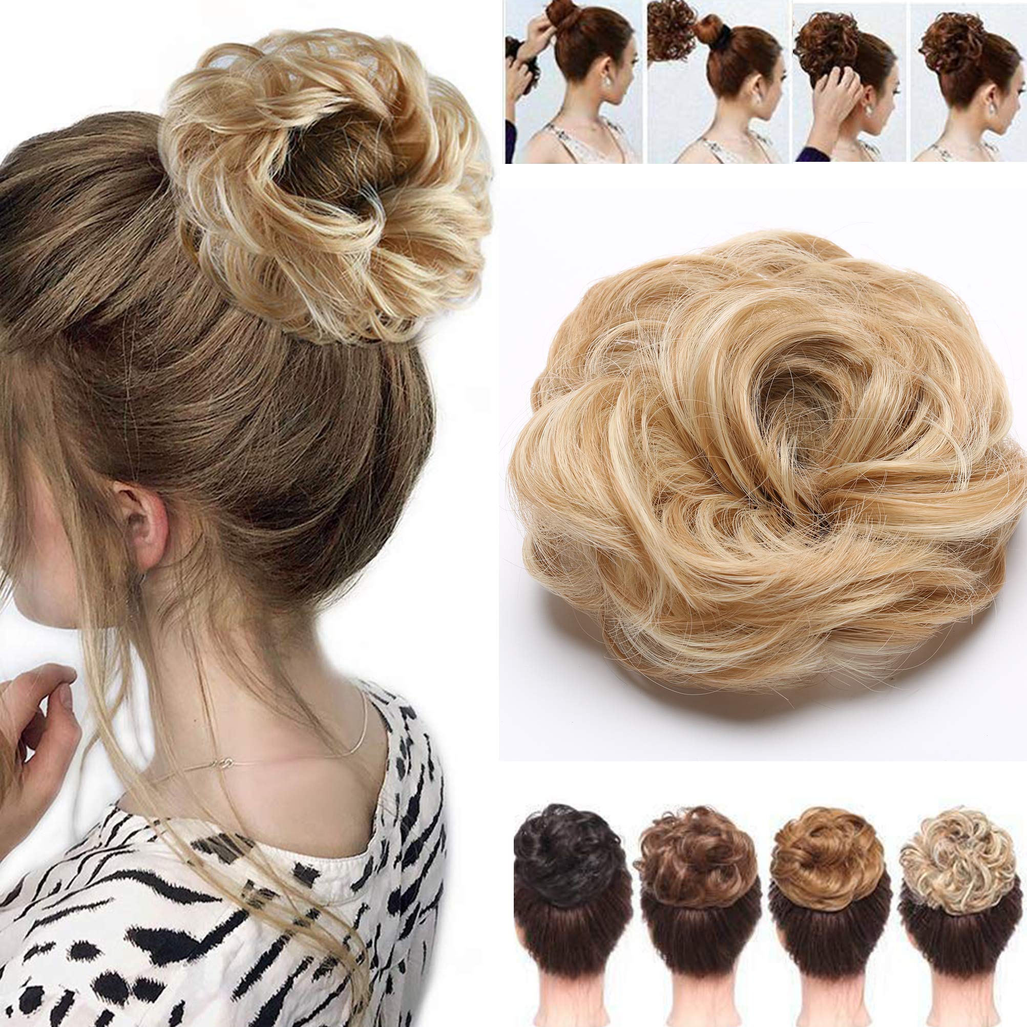 Messy Hair Bun Synthetic Extension Scrunchy Donut Curly Wavy Updo Elastic Scrunchie Thick Full Wedding Hair Pieces Bridal Hairpiece Easy Bun Updos Chignon for Women Kids Ash Blonde Highlight