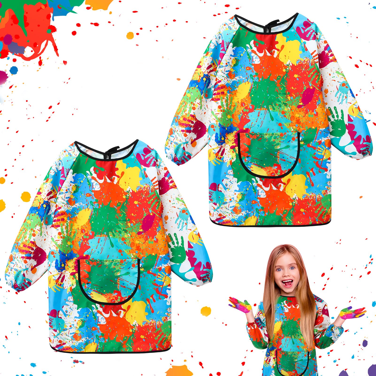 2Pcs Kids Art Aprons for Age 7-12 Years Girls Boys,Waterproof Graffiti Painting Aprons Long Sleeves with Pockets,Kids Painting Smock Toddler Children,Play Apron for Painting,Craft,School,Green — image 1