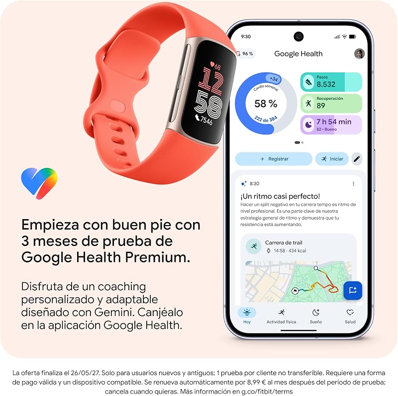 Google Fitbit Charge 6 Pulsera de actividad con 3 meses de suscripción al servicio Google Health Premium incluidos, 7 días de batería, Google Wallet y Maps, Coral/Aluminio Oro Champagne