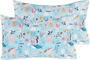 J-pinno Blue Underwater Animals Sea Fishes Turtle Shark Dolphin Cute Cartoon 2 Pcs Standard Pillowcase 100% Natural Cotton 20" X 30" for Kids Toddler Boys Girls Bedding Decoration (9)
