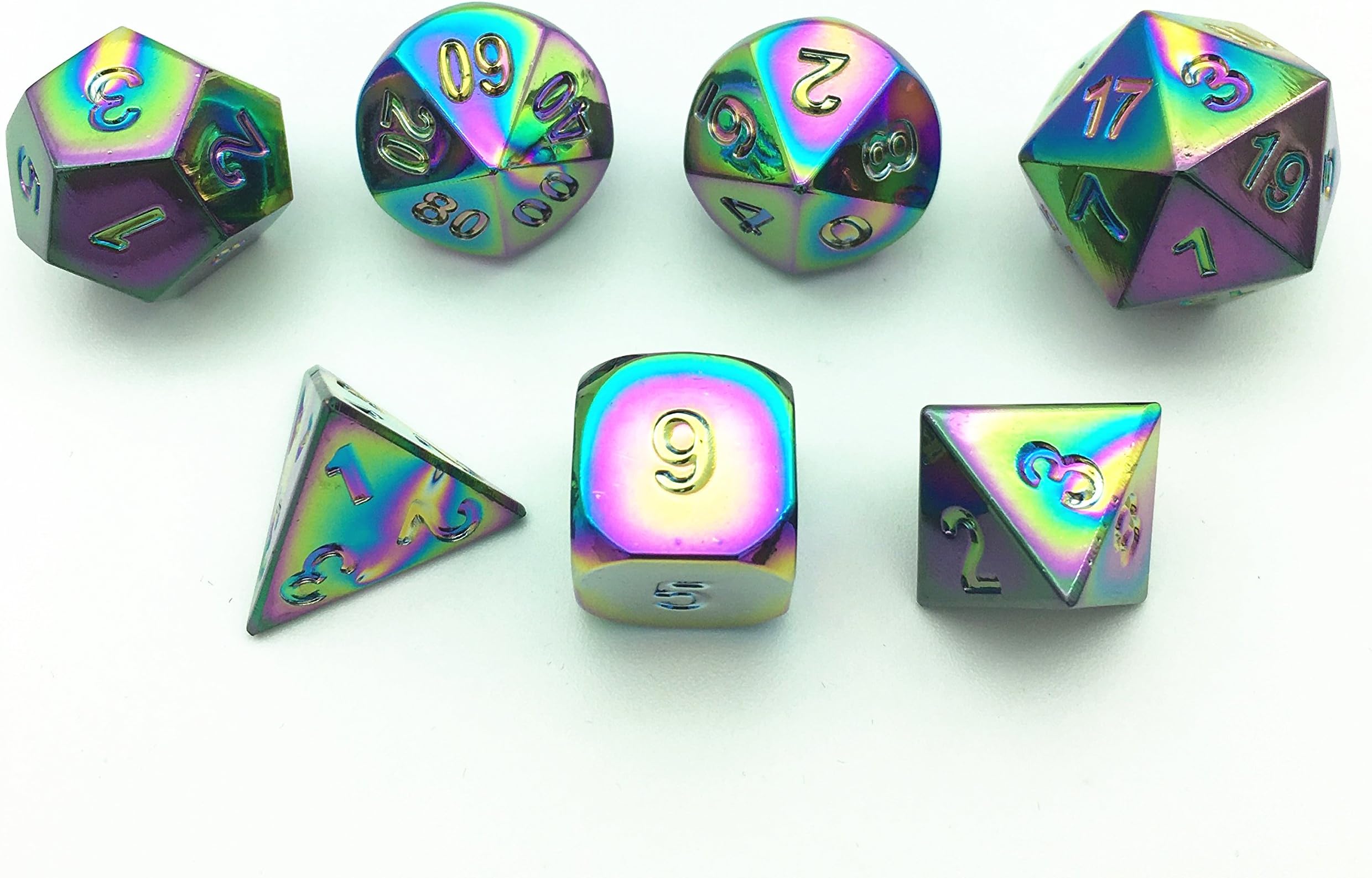 Momostar Polyhedral Metal Dice , Set of 7 for RPG D&D or Math Teaching (Colorful Dazzle Color)
