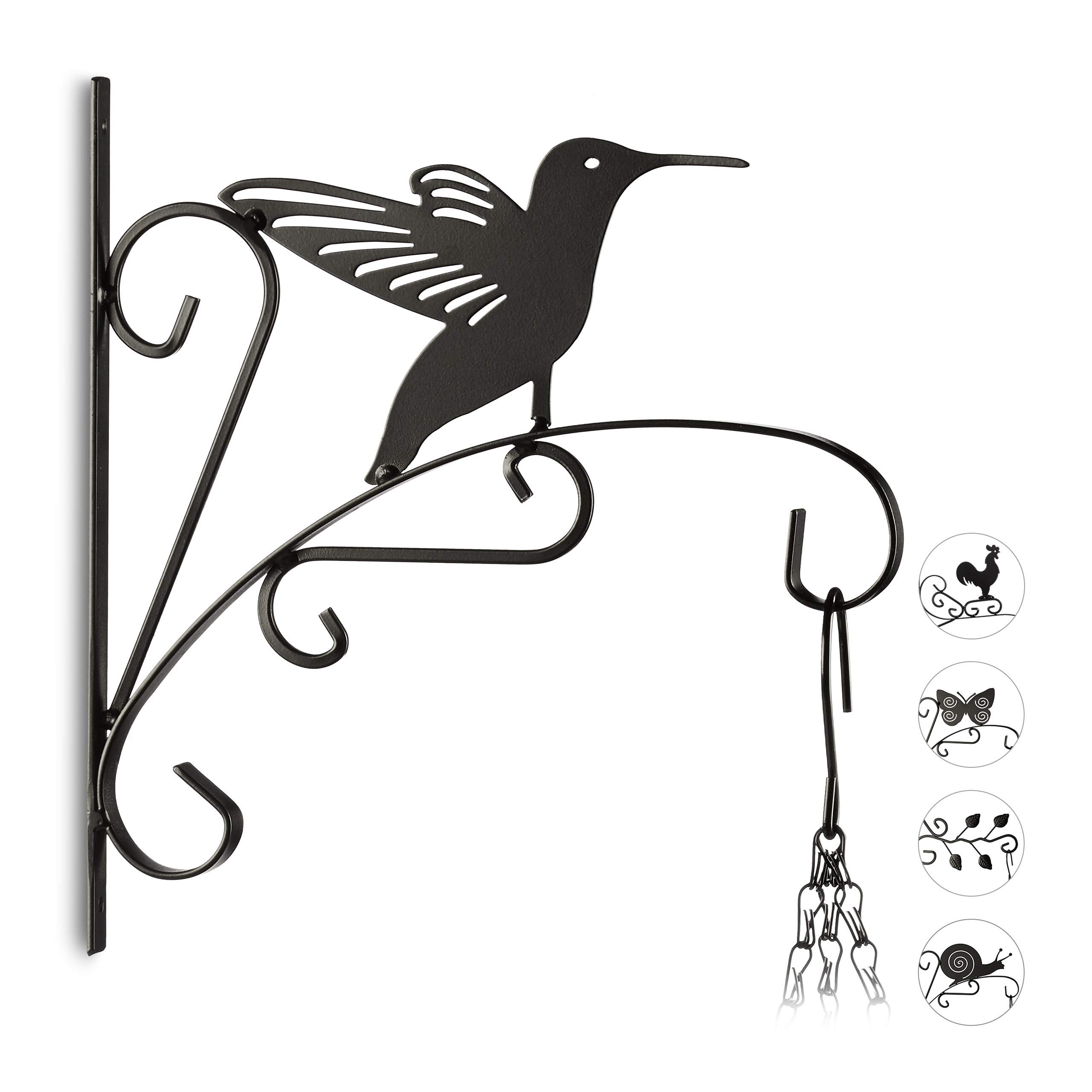 Relaxdays Plant Hook with Bird, Flower Pot Hanger for the Wall, Metal Garden Decor, Hummingbird, HxWxD: 30 x 28 x 2 cm, Black