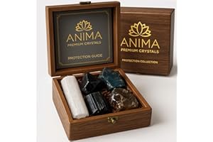 Anima Premium Protection Healing Crystals Set for Energy Shielding - Large Raw Obsidian, Black Tourmaline, Labradorite, Smoky Quartz & Selenite Bar - Wooden Gift Box and Guide Booklet Included