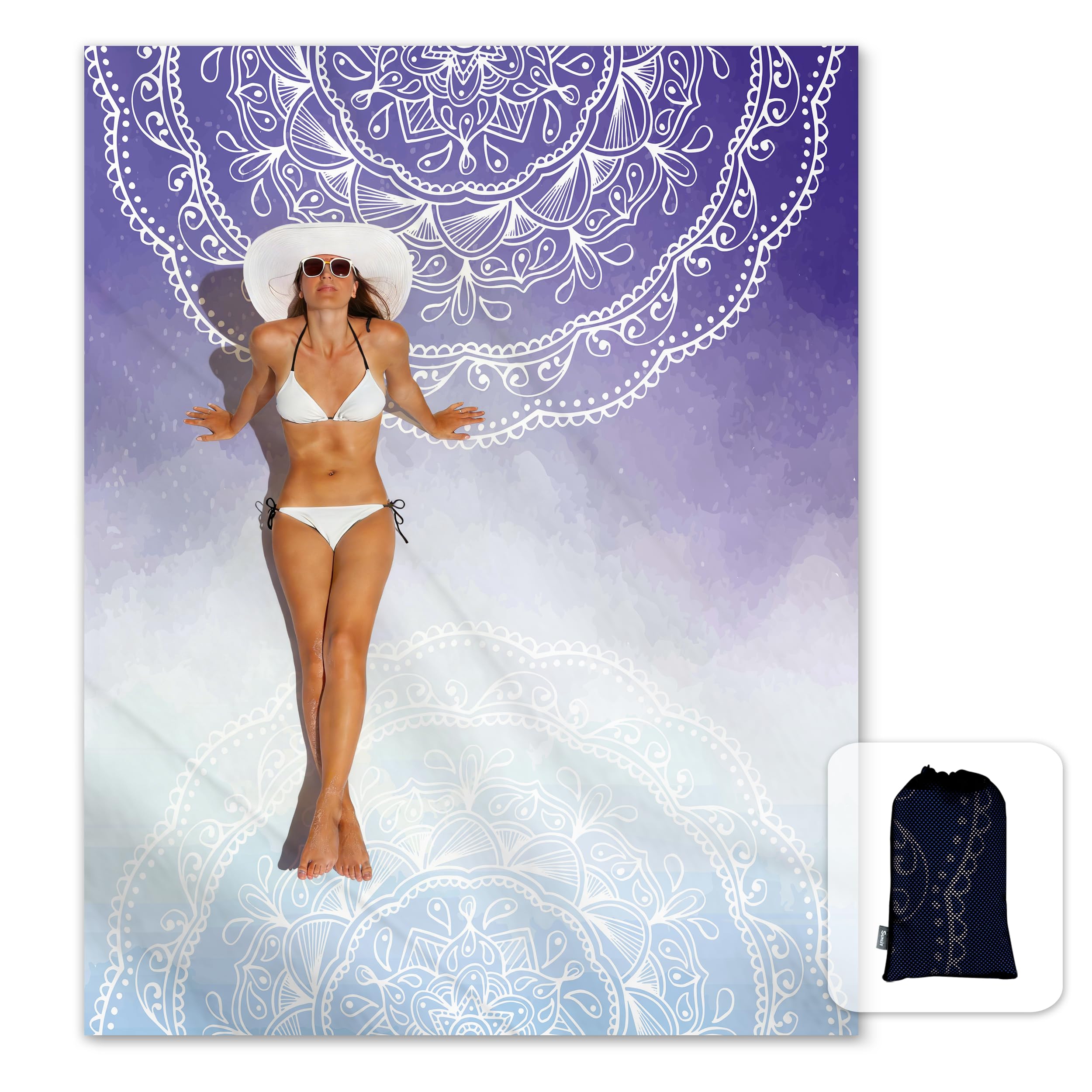 Sunlit Silky Soft 106"x81" Boho Sand Proof Beach Blanket Sand Proof Mat with Corner Pockets and Mesh Bag for Beach Party, Travel, Camping and Outdoor Music Festival, Blue Purple Mandala