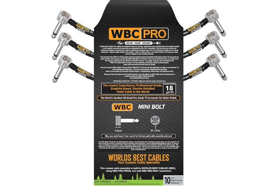 3 Units - 8 Inch - WBC-PRO-PEDAL – 22 AWG - Low-Cap (18pF/ft) – Pro-Grade – Graphite-based - Dual-Shielded Pedal, Effects, Patch, instrument cable with WBC MINI BOLT Ultra-Small Angled TS Plugs