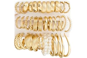 YEEZII Gold Hoop Earrings Set for Women, 18 Pairs Hypoallergenic Statement Open Pearl Hoops Earring for Multipack, Gold Chunky Hoop Earrings for Women Trendy Jewelry