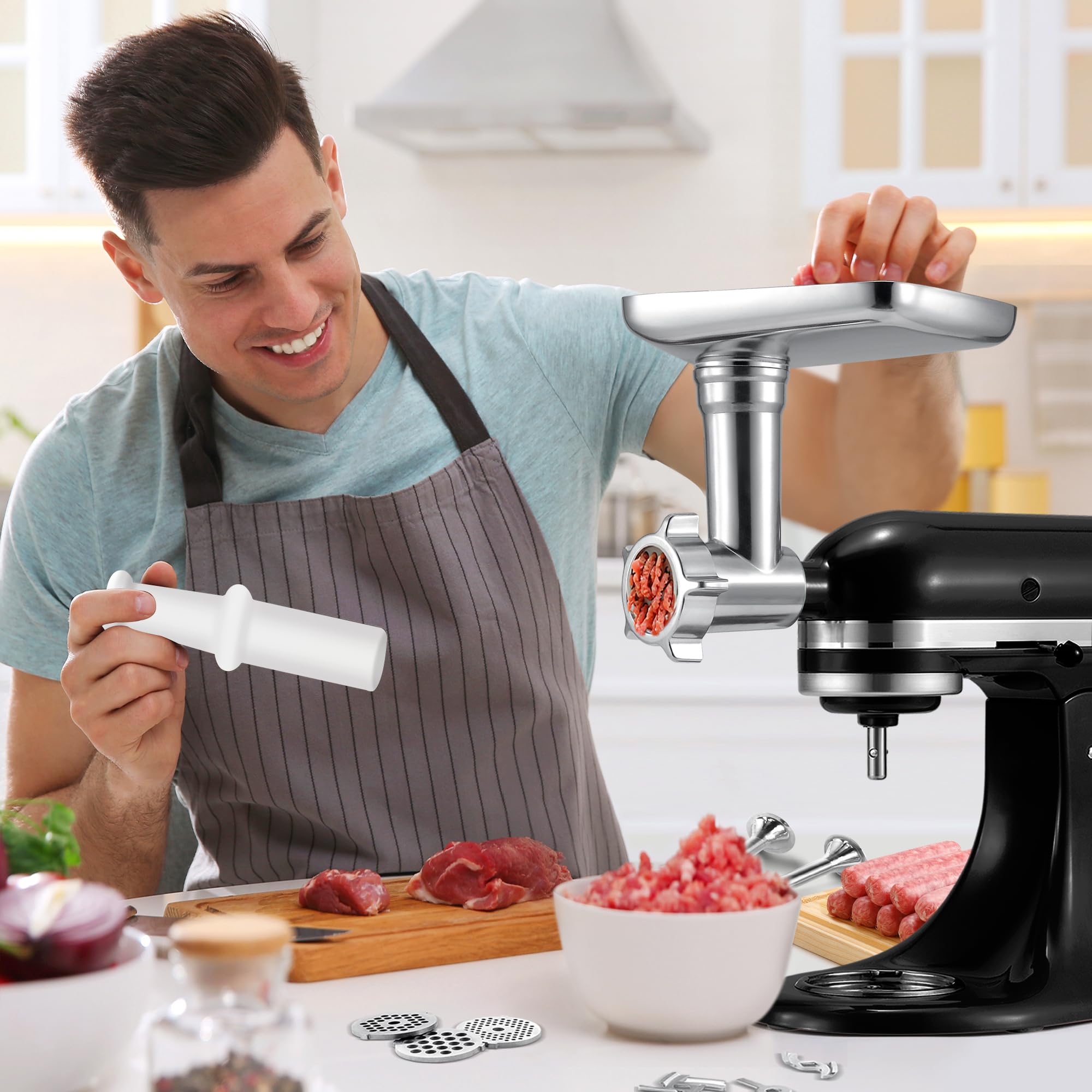Metal Grinder Attachment for KitchenAid Stand Mixers, Meat Grinder Attachment, Sausage Stuffer, Food Grinder Attachment, Mixer Attachments for KitchenAid, Silver(Mixer Not Included)