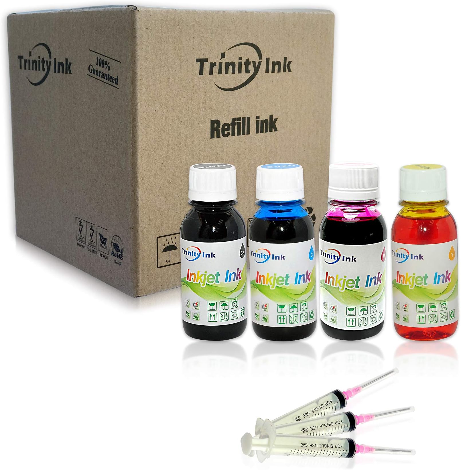 Trinity Compatible Refill Ink Replacement for Epson 502 Expression ET-2700 ET-2750 ET-3700 Workforce ET-3750 ET-4750 ET-4752 (Black, Cyan, Magenta, Yellow, 4x100ml)