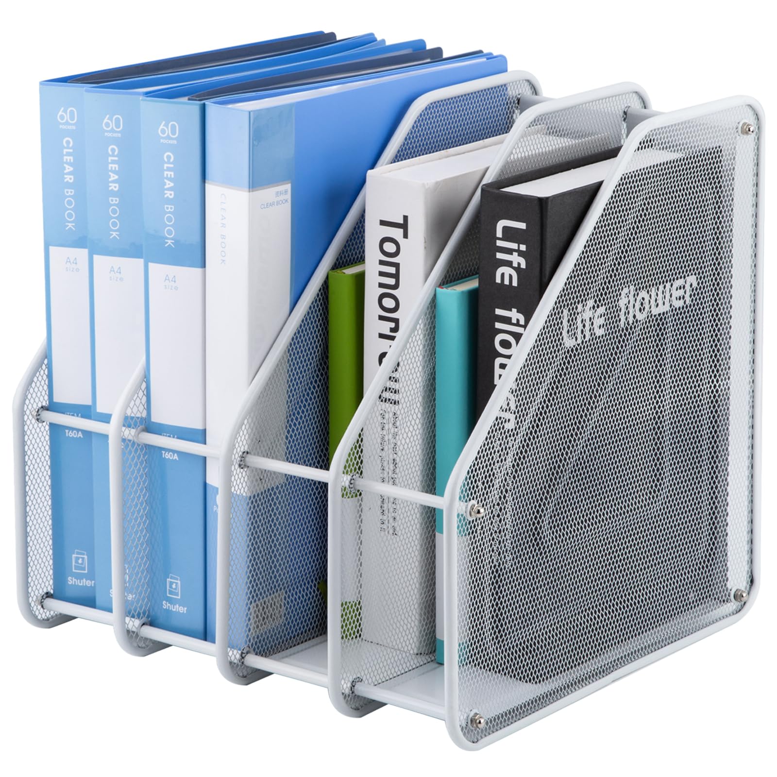 TOROTON Mesh Magazine File Rack Holder, 4 Compartments Metal Mesh Home Office Desk Book Sorter Storage Shelf, for Paper Magazine Documents and Books-White
