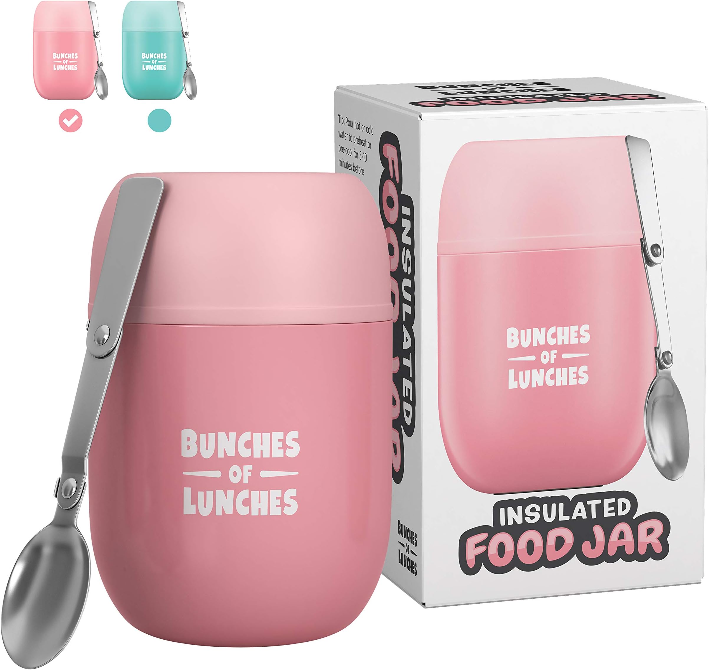 Thermos Kids Food Jar By Bunches of Lunches - Insulated Lunch Box For Hot Foods - 16oz Wide Mouth Soup Container For Children & Adults With Folding Spoon & Leakproof Lid - BPA Free Material – Pink