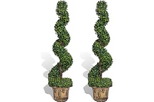 POZOY 2 Pack 4 Ft Artificial Boxwood Topiary Spiral Trees, Outdoor Faux Plants UV Resistant Anti-Fading Bushes Potted for Indoor Front Porch Office Garden Decor