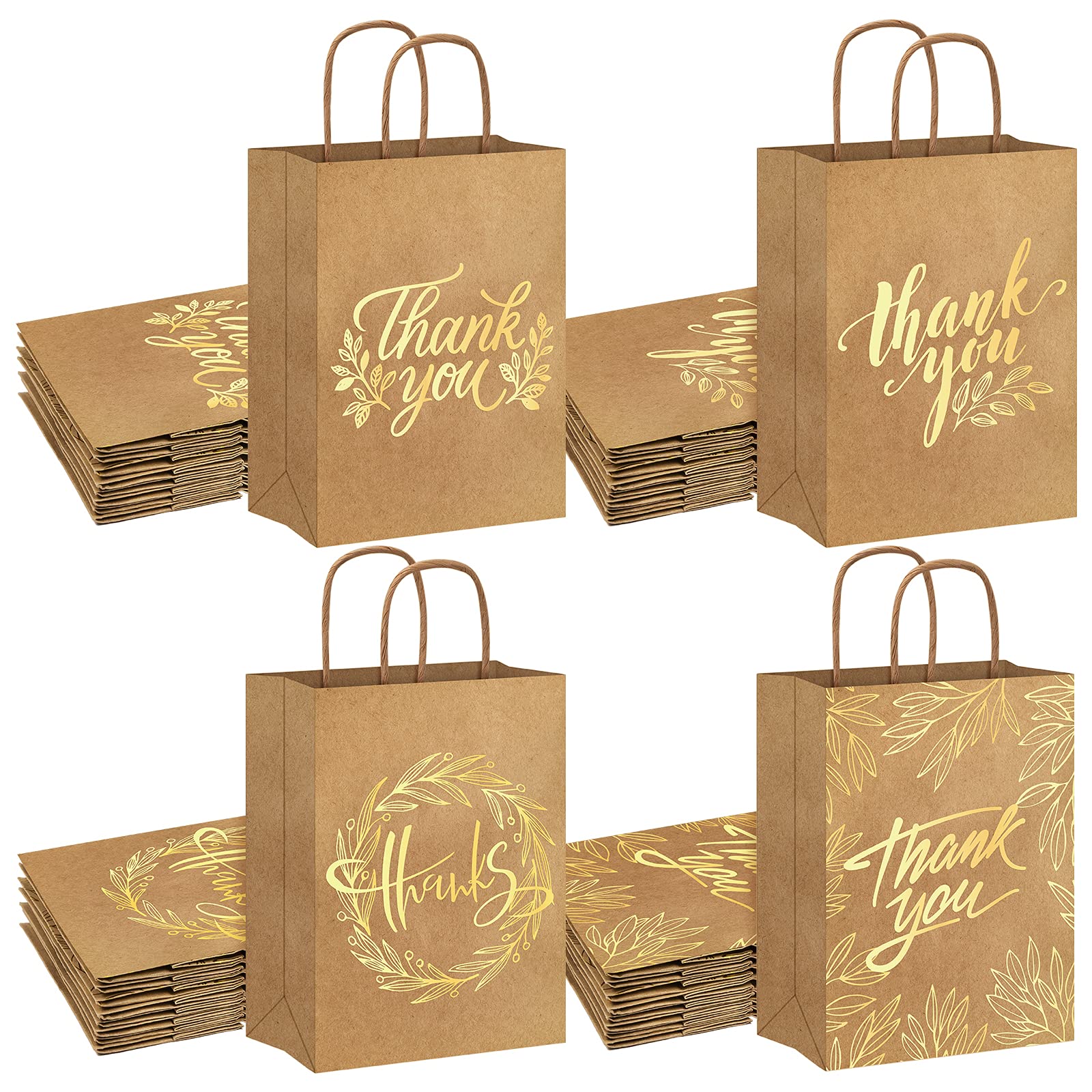 Waline 16pc Thank You Party Bags - Gold Foil Kraft Paper Gift Bags with Handle - 4 Styles, 6.3 x 8.7 x 3.1in