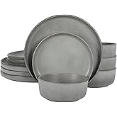 Gibson Elite Pasco 12 Piece (Service for 4) Plates and Bowls Reactive Glaze Dishes Stoneware Ceramic Dinnerware Set - Grey