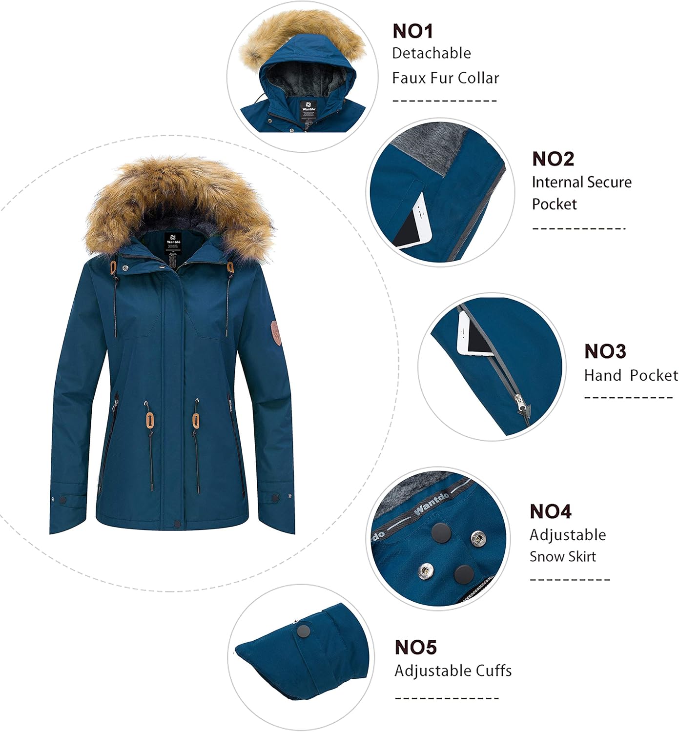 Wantdo Women's Waterproof Ski Jacket Hooded Winter Snow Coat Mountain Snowboarding Jackets Insulated Fleece Parka: Clothing