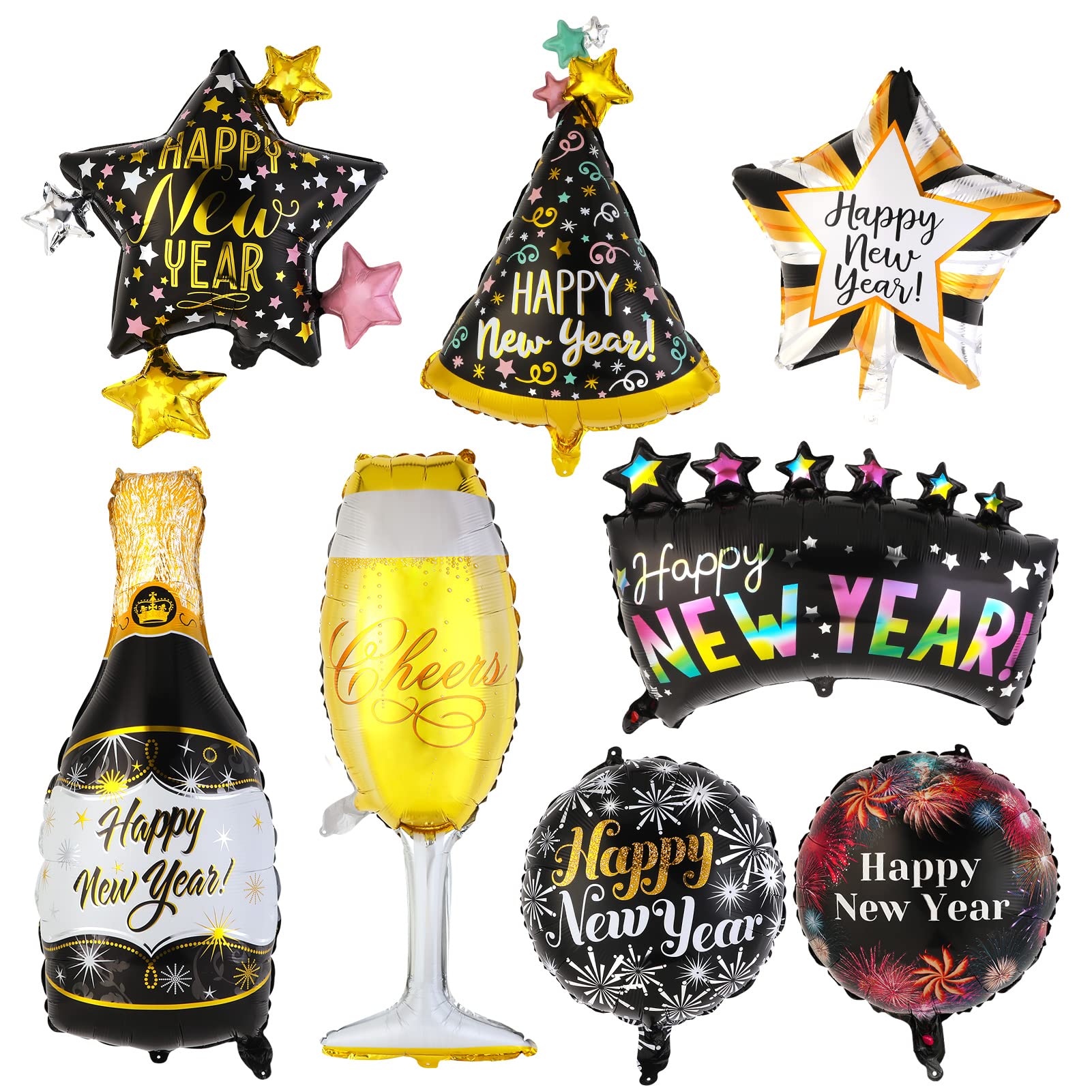 HOWAF 8 PCS New Years Eve Decorations Balloons, Happy New Year Balloons Star Champagne Bottle Foil Balloon Black Gold for NYE Party Decorations 2026
