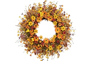VioletEverGarden Fall Wreaths for Front Door 22 Inch Artificial Fall Wreath Orange Autumn Wreath with Wildflower and Eucalyptus Leaves for Thanksgiving Indoor Outdoor Home Decorations