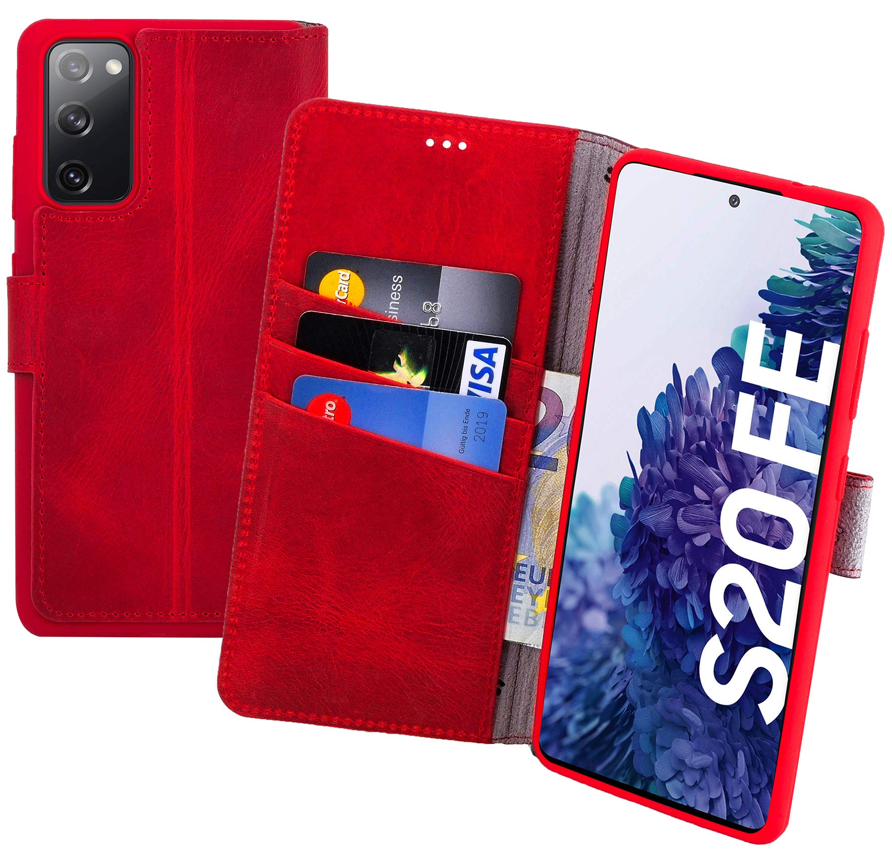 Suncase Book-Style Case Compatible with Samsung Galaxy S20 FE Leather Case (Slim Fit) Mobile Phone Case Protective Case with 3 Card Slots in Antique Red