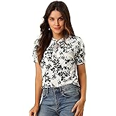 Allegra K Women's Ruffle Tie V Neck Casual Smocked Short Sleeve Floral Top Blouse