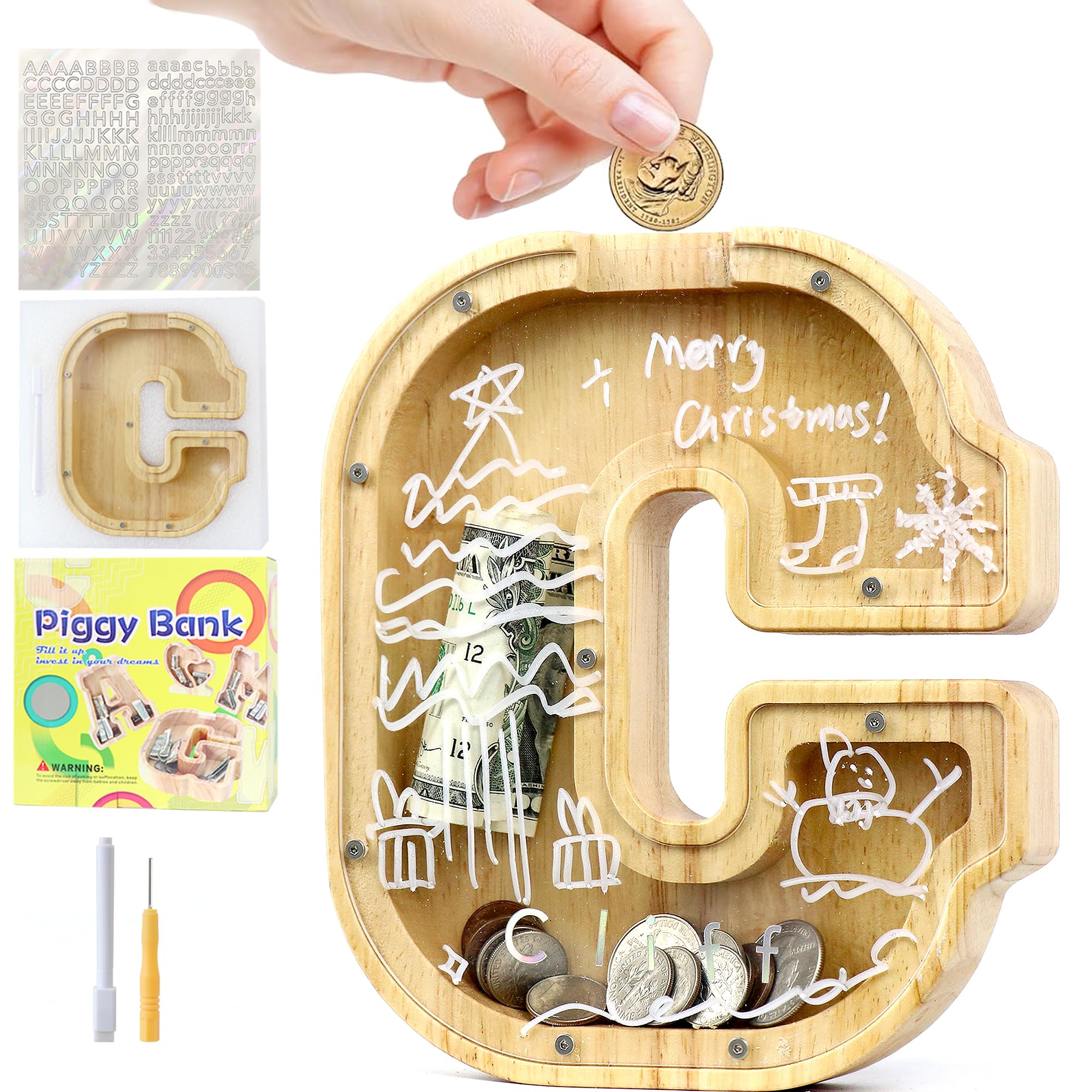 Mikytoper Money Box for Kids, Wooden Letter Piggy Banks for Kids, Personalized Money Box Clear Money Bank, Boys Girls Toddler Birthday Festival Gift (C)