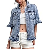 Kedera Short Sleeve Denim Jacket for Women Lightweight Blue Jean Jackets Ruffle Sleeve Denim Shirt Summer Top