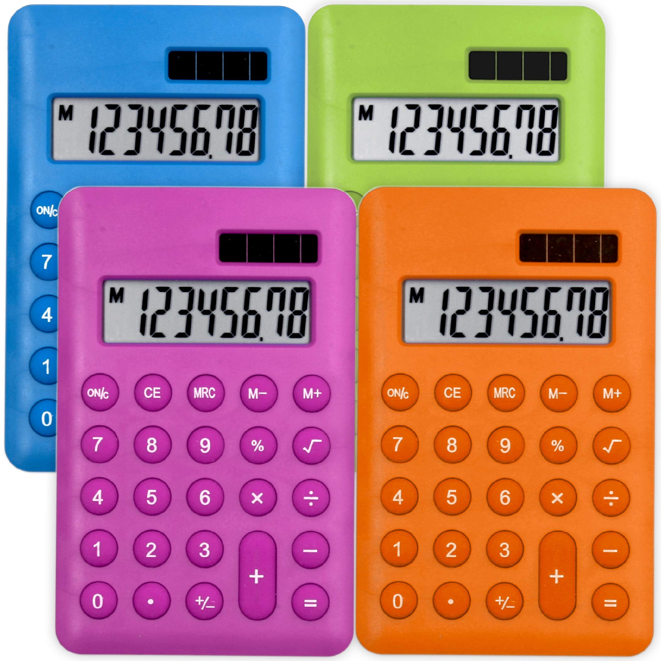 4 x Alina Handheld Mini Pocket Calculators | 8 Digit Display | Solar Battery Small Basic Fully Functional | Fun Home Office Nurse Colourful Party Gift Event