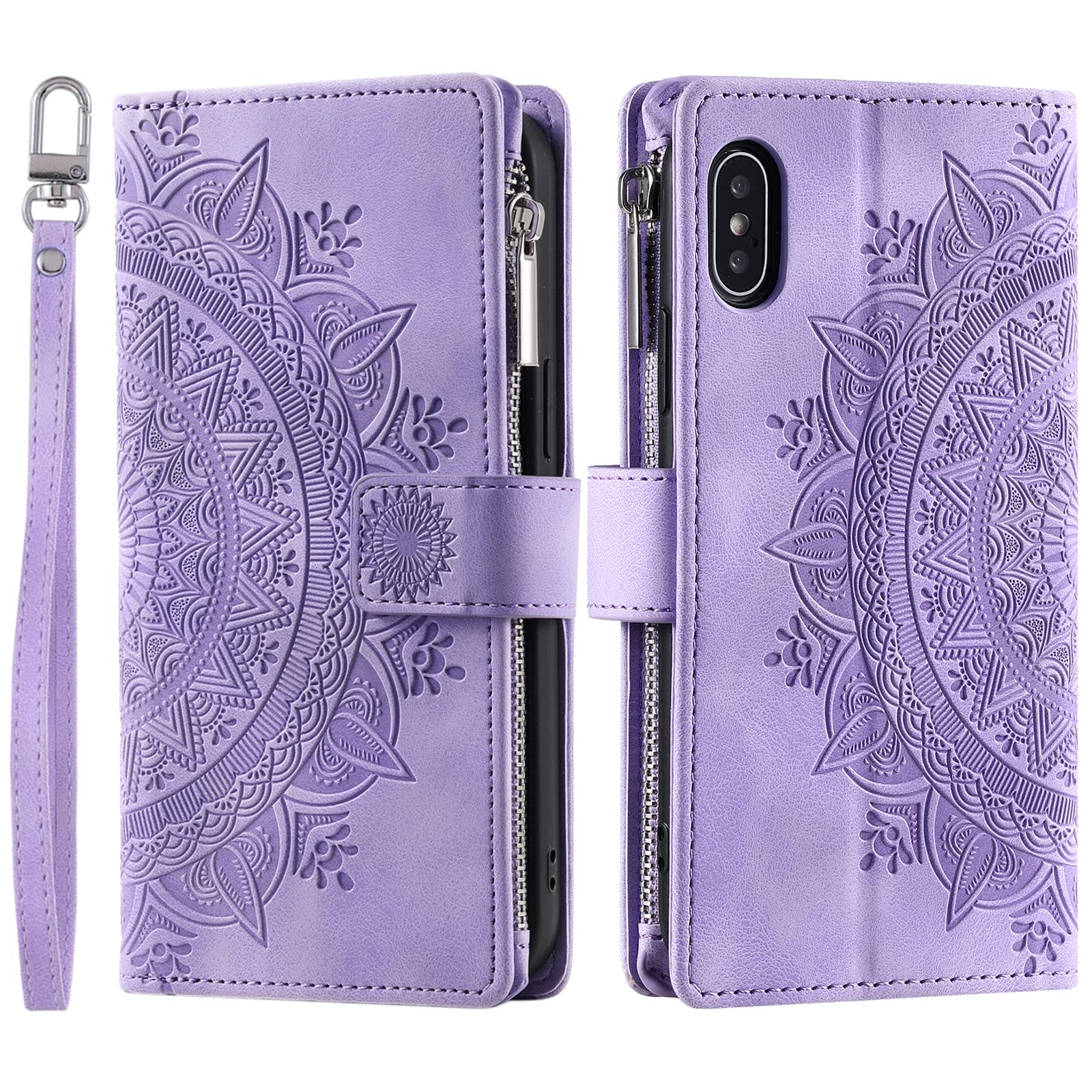 VEEMOS Wallet Case for iPhone X/XS Flower Flip Case Protective Leather Folio Book Phone Cover with Card Slots Kickstand Zipper Pocket - Purple