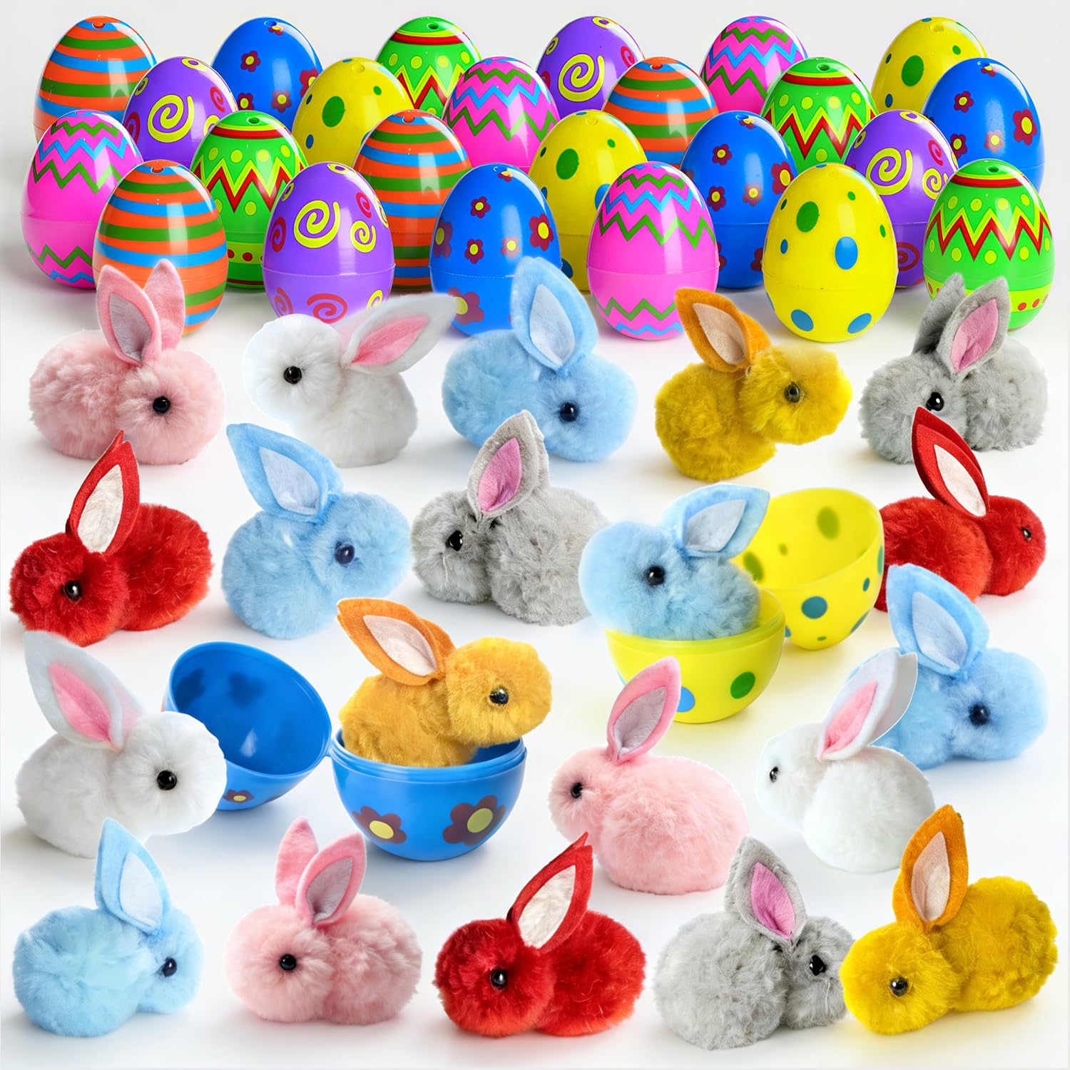 24 PCS Prefilled Easter Eggs with Cute Bunny Plush Toys Inside, Easter Basket Stuffers and Party Favors for Kids Boys Girls Toddlers, Filled Easter Eggs for Egg Hunt, Filling Treats Easter Gifts