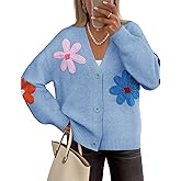 ZESICA Womens 2026 Spring Floral Cardigan Sweaters Casual Long Sleeve Open Front Button Down V Neck Knit Sweater