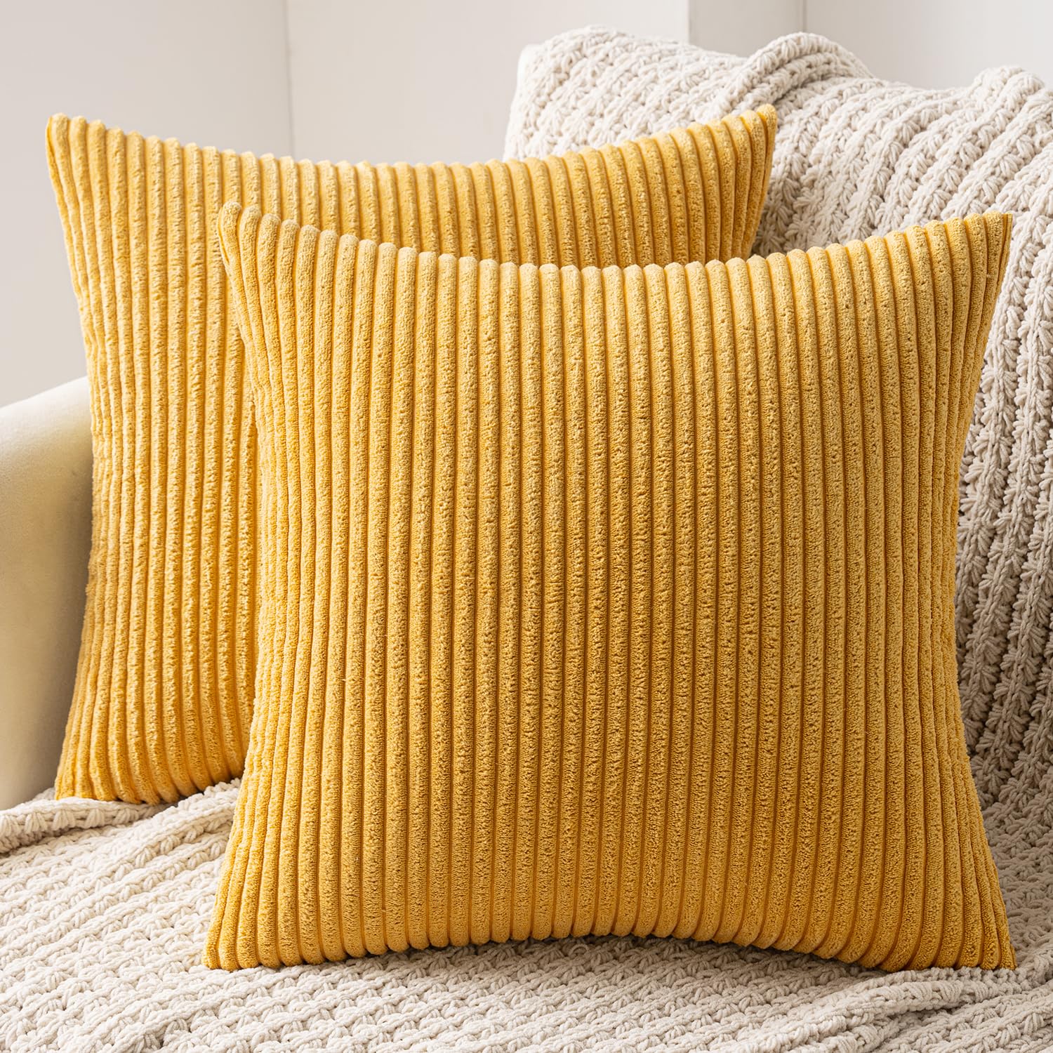 MIULEE Cushion Covers Striped Corduroy Throw Pillow Covers Decorative Pillows Pillowcases Decor for Sofa Couch Living Room 50x50 cm 20x20 Inch Yellow