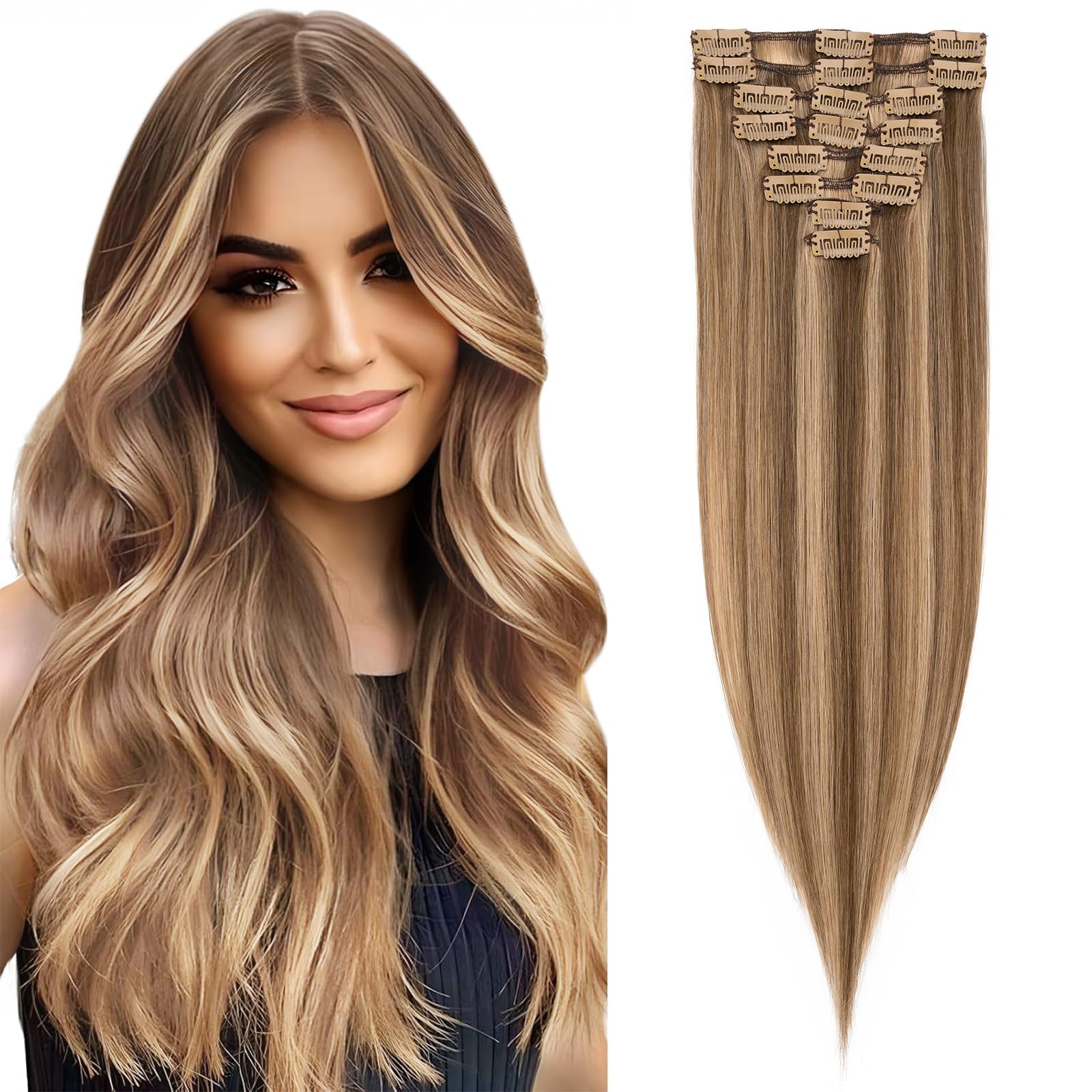 Rich Choices Hair Extensions Clip in Human Hair Brown mix Blonde 10 Inch Remy Hair Extensions, 8PCS 50g Thin Weft — image 1