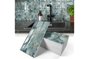 MOONFUN 50-Pieces Thick PVC Glossy Subway Tile,4"x 8" Peel and Stick Backsplash Wall Tiles,Blue Gray Marble Self-Adhesive Backsplash for Kitchen,Bathroom(11.11 Sq. Ft. Coverage)