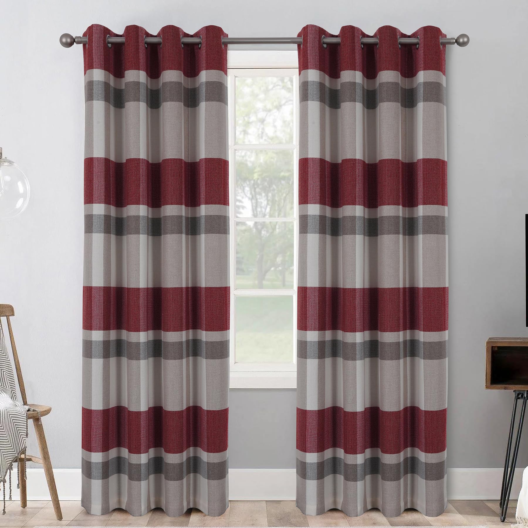 always4u 100% Blackout Curtains Check Eyelet Bedroom Tartan Curtain Plaid Woven Brushed Cheque Pair of Highland Woolen Look Window Treatment for Living Room Red And Beige 46 * 54 Inches