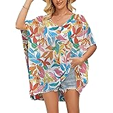 Chunoy Womens Side Slit Chiffon Tunic V Neck Casual Loose Tops Summer Beach Cover Up