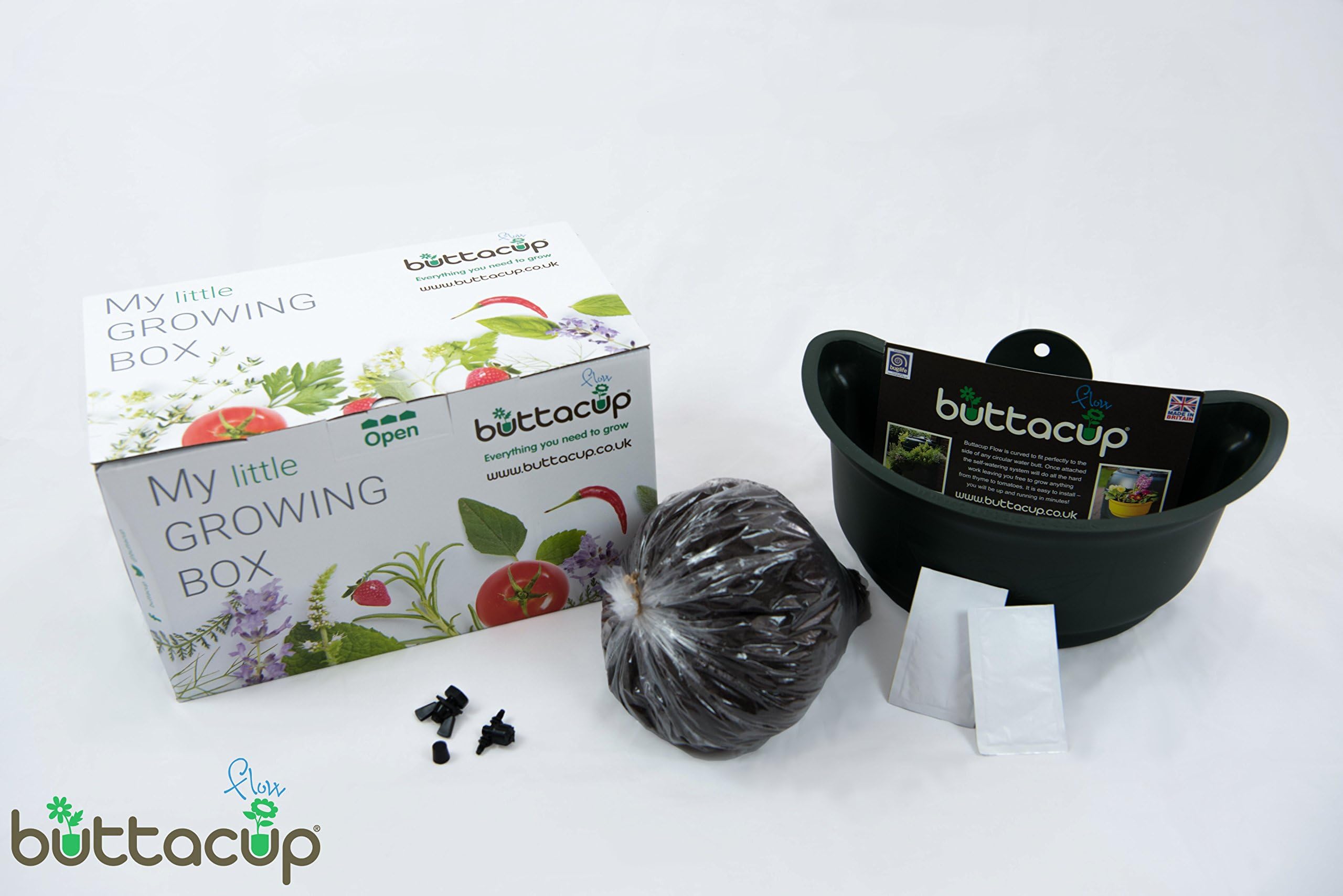 Buttacup ‘Grow Your Own’ Kit - 1x Packet of 'Tumbling Tom' Tomato Seeds & 1x Packet of Basil seeds 1x Flow Planting Pot + Water Butt Attachments & 1x bag of Veolia PRO-GROW Compost