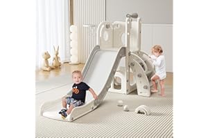 CuFun 6 in 1 Toddler Slide, Indoor Outdoor Playground for Kids 1-3, Baby Slide with Basketball Hoop, Storage, Climber and Telescope,Gray White