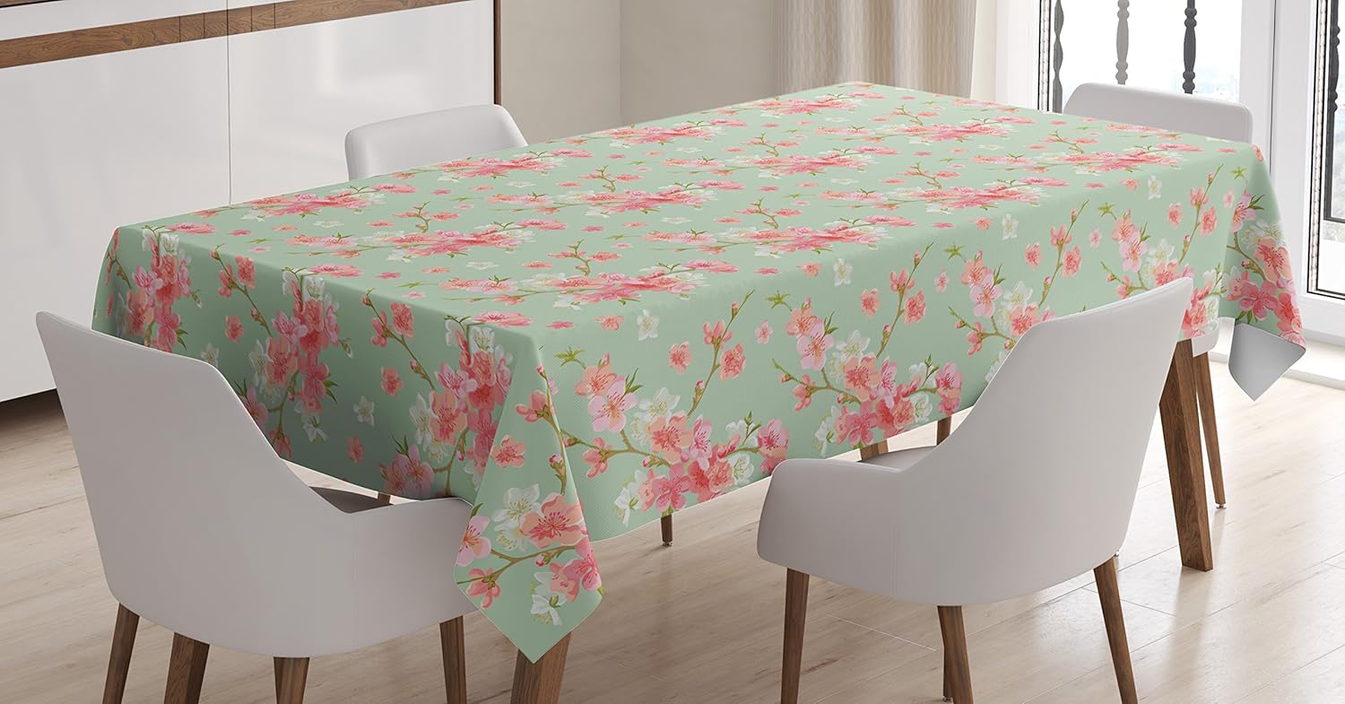 Ambesonne Shabby Chic Tablecloth, Retro Spring Blossom Flowers with French Garden Florets Garland Artisan Image, Dining Room Kitchen Rectangular Table Cover, 60 X 90 Inches, Mint Pink