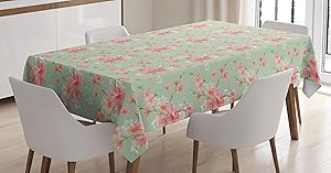 Ambesonne Shabby Chic Tablecloth, Retro Spring Blossom Flowers with French Garden Florets Garland Artisan Image, Dining Room Kitchen Rectangular Table Cover, 60 X 90 Inches, Mint Pink