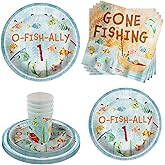 Ofishally 1 Fishing 1st Birthday Party Supplies - 64 Piece Boys First Birthday Tableware Set Includes Large 9" Dinner Plates and 8" Dessert Paper Plates Napkins Cups - Kit for 16