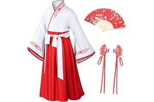 ELIBELLE Asian Traditional Dress Kimono Robe for Kids Girls Costume Silk Folding Fans hairstick Cosplay