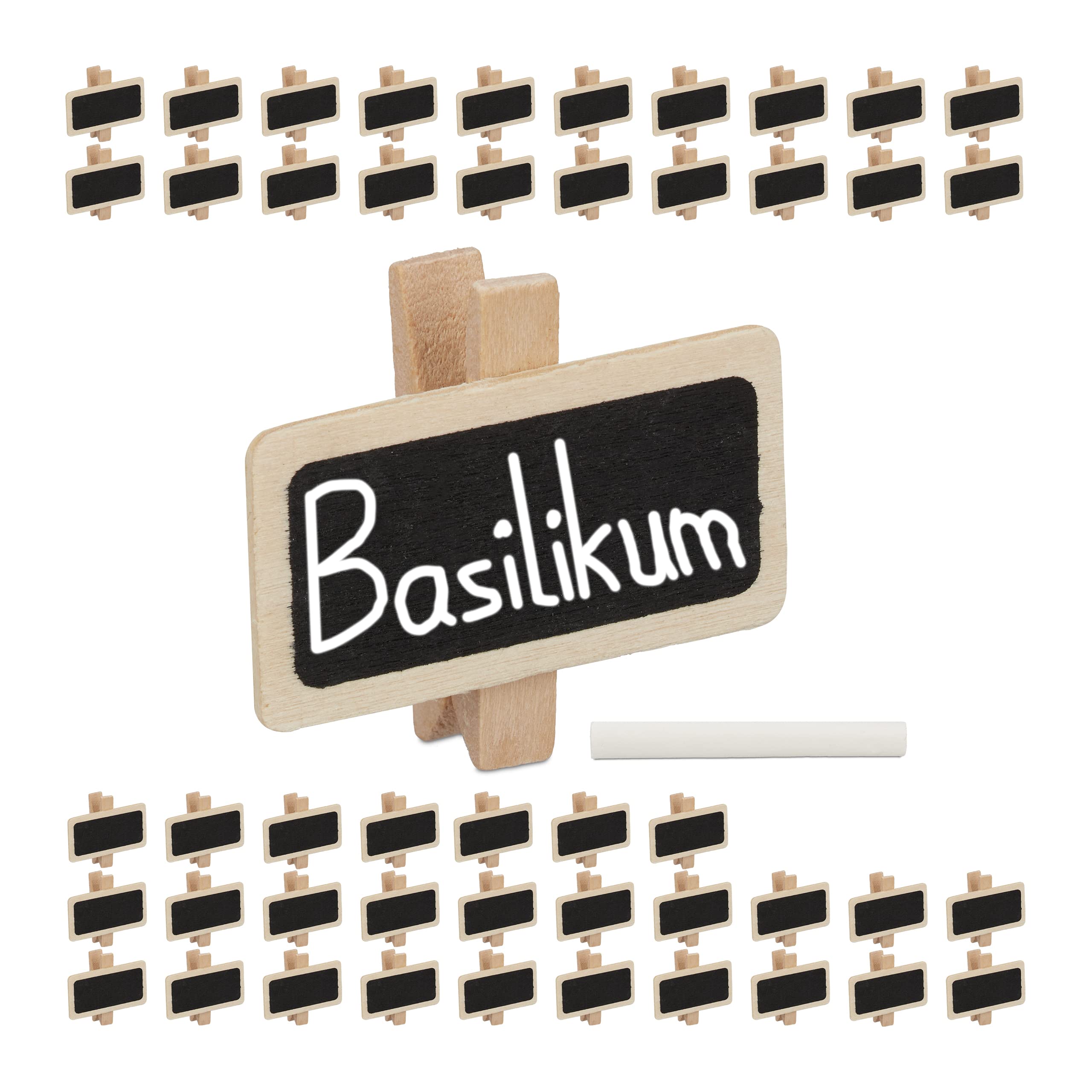 Relaxdays Plant Label Clips Pack of 48, Labelling Herbs, Mini Memo Board with Chalk, Tags with Pegs 4x2cm, Wood, Natural